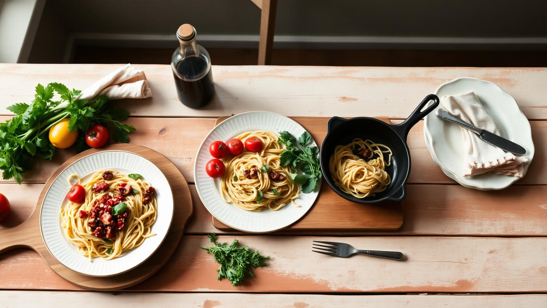 A rustic wooden table with pasta, fresh herbs and vegetables
